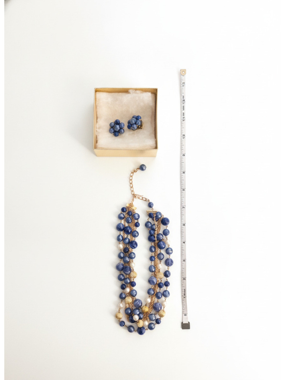 Vintage Blue Beaded Necklace and Clip-On Earrings Set